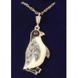 Enamel and marcasite penguin pendant necklace stamped 925 Condition Report <a