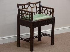 Early 20th century Chinese Chippendale cockpen style mahogany piano stool, upholstered drop in seat,