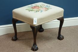 Georgian style stained beech stool with ball and claw feet and a footstool with needle work seat