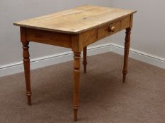 Victorian satin walnut side table with single drawer, turned legs, W115cm, H77cm,