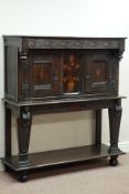 18th century and later oak court cupboard on stand, inlaid and panelled doors,
