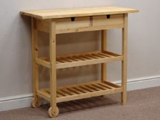 Beech three tier kitchen trolley, with butchers block type top and two drawers, 100cm x 43cm,