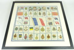 Framed display of Kensitas silk cigarette cards stitched together as one panel including flags,