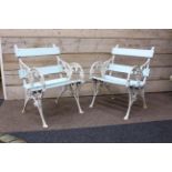 Pair Coalbrookdale style garden armchair, cast aluminium frames with foliage and berry moulding,