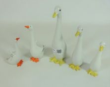 Set of three Graefenthal graduating ducks and two other continental porcelain ducks with crown