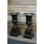Pair bronze finish garden urns on plinths, egg and dart rim detail, D46cm,
