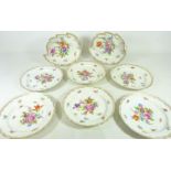 Set of six 20th Century Dresden dessert plates and two leaf shaped dishes hand painted with foliage