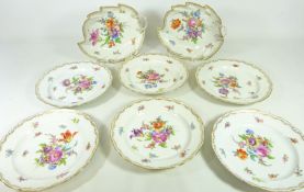 Set of six 20th Century Dresden dessert plates and two leaf shaped dishes hand painted with foliage