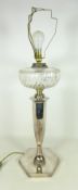 Edwardian silver plated and cut glass oil lamp converted to electric table lamp Condition