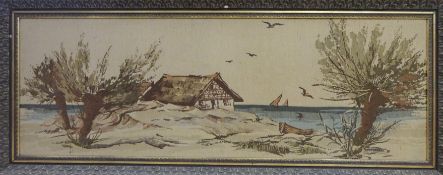 Large machine woven tapestry of a continental coast scene in gilt frame 165cm x 70cm including