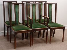 Set six early 20th century oak dining chairs, tapering splat back and turned front legs,