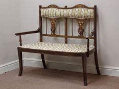 Edwardian inlaid mahogany two seat settee, scrolling inlays with bone and boxwood,