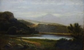 'Footpath on the River Dove looking towards Dovedale Derbyshire', oil on canvas by Henry Peach (Exh.