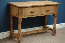 Waxed pine two drawer dresser, turned base, W104cm, H76cm,