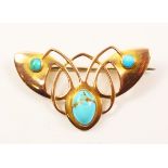 Arts and Crafts gold brooch set with turquoise by Barnet Henry Joseph stamped 9ct 4cm