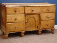 Early Victorian pine dresser base, seven drawers and cupboard, W153cm, H86cm,