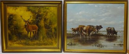 Stag in a Woodland, oil on canvas board unsigned and Cattle Drinking from a River,