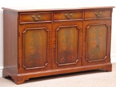 Reproduction mahogany sideboard, three drawers, thee cupboards, W137cm, H84cm,