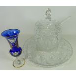 Large cut crystal lidded punch bowl with ladle, eleven glasses and stand,
