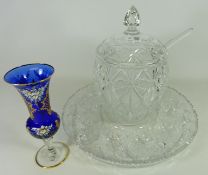 Large cut crystal lidded punch bowl with ladle, eleven glasses and stand,