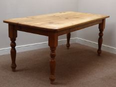 Rectangular pine dining table, turned base, 183cm x 92cm,
