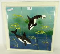 Individual set of nine ceramic tiles for a ready to install mural, depicting Orcas playing in kelp,
