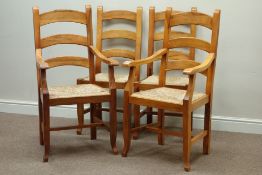 Set four (2+2) French cherry wood dining chairs with rush seats
