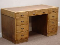 Art Deco period light oak twin pedestal office desk, nine drawers, leather inset top, W137cm, H76cm,