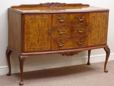 Queen Anne style figured walnut sideboard, three drawers and two cupboards, W139cm, H100cm,
