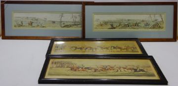 Hunting Scenes, three 19th century hand coloured engravings 12cm x 55cm and pair Racing Scenes,