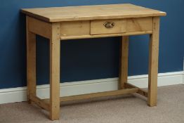 Rectangular maple wood top console table, pine stretcher base with single drawer, W101cm, H79cm,