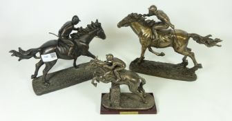 Veronese bronzed resin model of a racehorse and Jockey and two other similar sculptures