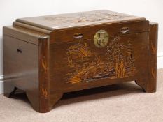 Oriental carved hardwood blanket box, camphor wood lined, W91cm, H50cm,