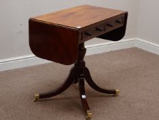 Early 20th century mahogany drop leaf sofa table, two drawers, turned column with for splayed legs,