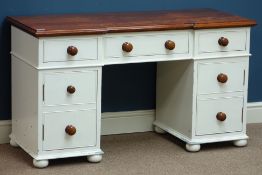 Painted dressing table with three drawers and two cupboard, reverse break front cherry wood top,