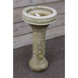 Tall composite stone circular birdbath, column decorated with floral moulding, D38cm,