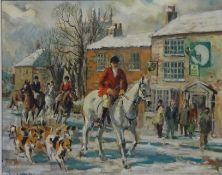 'Hunt by the Village Pub', 20th century oil on canvas signed and dated L Birch '68,