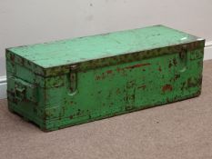 19th century green painted wooden and metal bound tool chest, W102cm, H32cm,