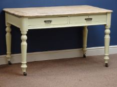 Victorian rectangular pine side table, turned painted base, two drawers, 123cm x 70cm,