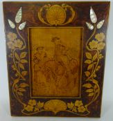 Art Nouveau Mahogany frame with mother of pearl inlay, with a poker work panel dated 1908, 38.