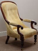 William IV walnut framed upholstered armchair, turned front legs,