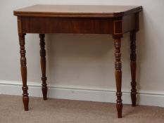 Victorian mahogany fold over tea table with rounded corners, turned base, boxwood stringing, W92cm,
