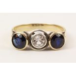 Sapphire and diamond three stone gold ring stamped 585 Condition Report <a