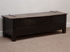 17th century and later plank kist coffer, hinged top with iron strap hinges, W150cm, H50cm,