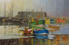 Les Pearson (British 1923-2010): 'Low Tide Bridlington Harbour', oil on board signed and dated '76,