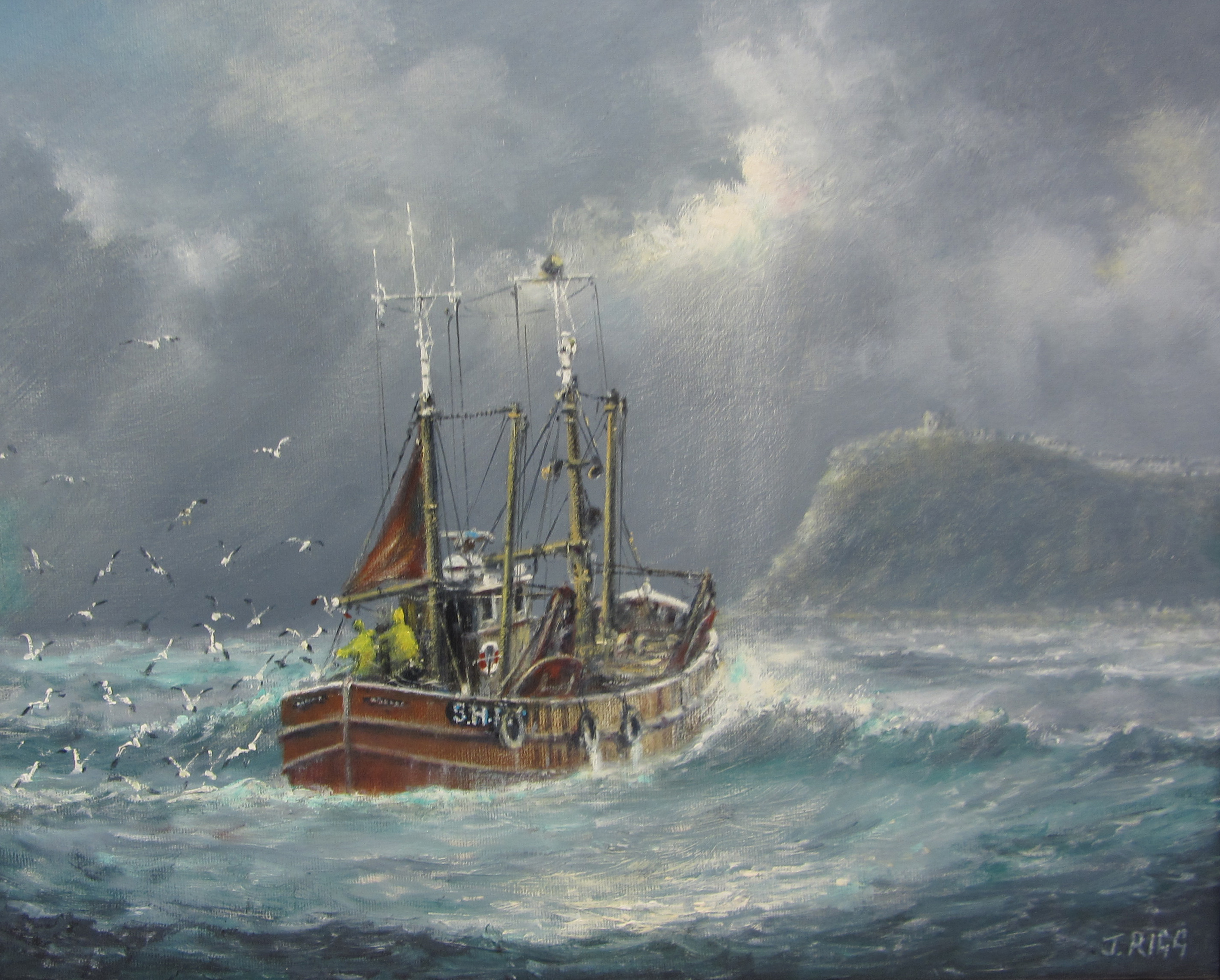 Jack Rigg (British 1927-): 'Very Choppy Landing' - Scarborough Trawler in the North Bay,