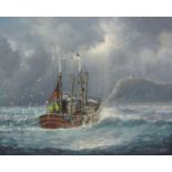 Jack Rigg (British 1927-): 'Very Choppy Landing' - Scarborough Trawler in the North Bay,