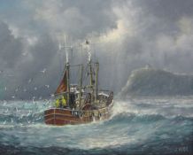 Jack Rigg (British 1927-): 'Very Choppy Landing' - Scarborough Trawler in the North Bay,