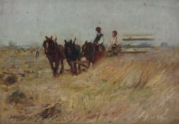 James William Booth (Staithes Group 1867-1953): 'Harvesting' with a Horse drawn Binder,