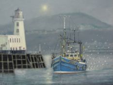 Jack Rigg (British 1927-): 'Courage' Trawler LH397 entering Scarborough Harbour,